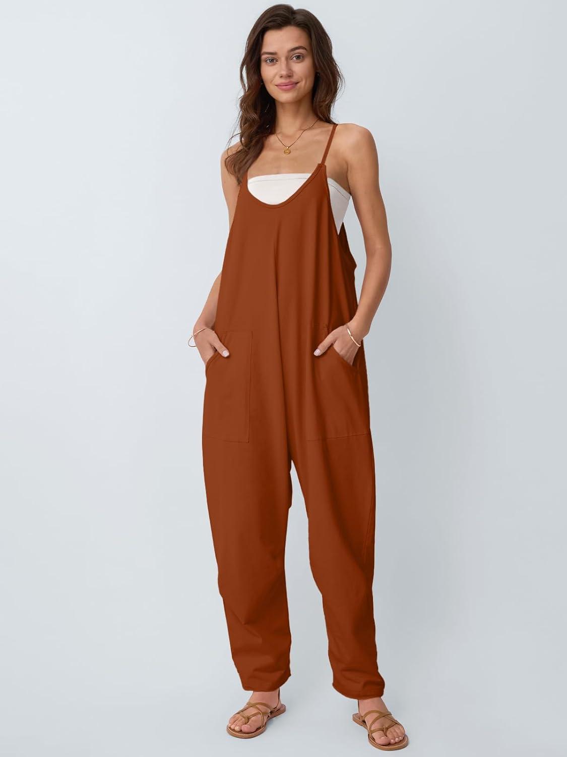 imageAUTOMET Jumpsuits for Women Casual Summer Outfits Rompers Comfy Beach Vacation Trendy Overalls Jumpers Fashion Clothes 2025Orangebrown