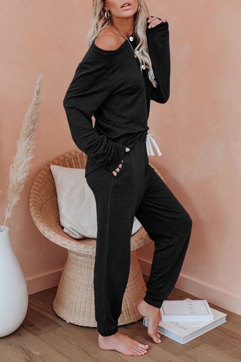 imageAUTOMET Lounge Sets for Women Comfy 2 Piece Pajamas Sets Fall Loungewear Pjs Outfits Sweatsuits with Sweatpants 2025Black