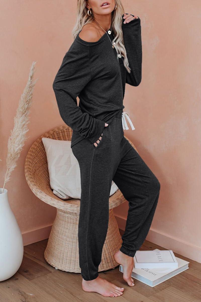 imageAUTOMET Lounge Sets for Women Comfy 2 Piece Pajamas Sets Fall Loungewear Pjs Outfits Sweatsuits with Sweatpants 2025Black Grey