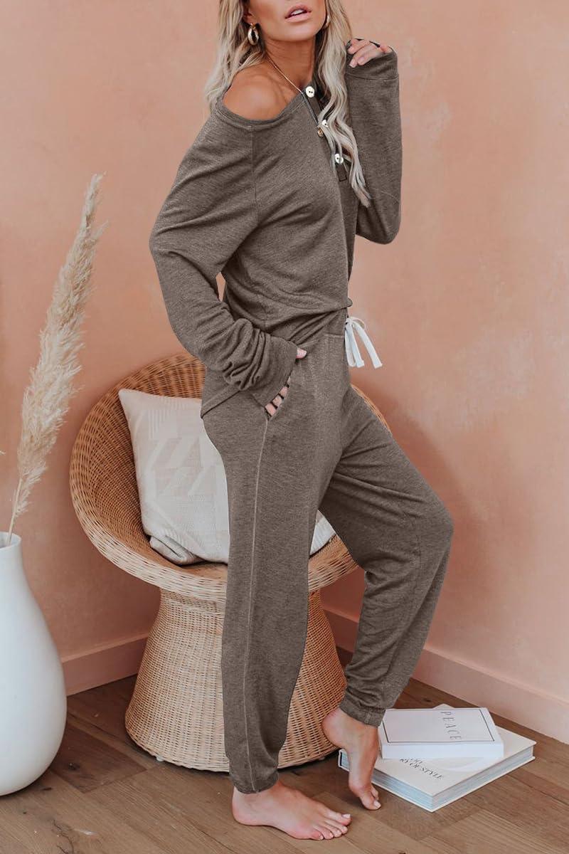 imageAUTOMET Lounge Sets for Women Comfy 2 Piece Pajamas Sets Fall Loungewear Pjs Outfits Sweatsuits with Sweatpants 2025Coffee