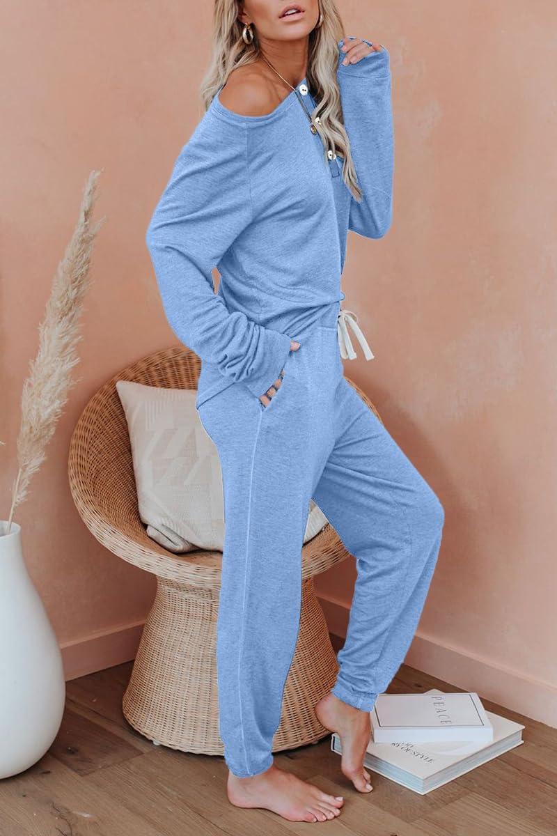 imageAUTOMET Lounge Sets for Women Comfy 2 Piece Pajamas Sets Fall Loungewear Pjs Outfits Sweatsuits with Sweatpants 2025Light Blue