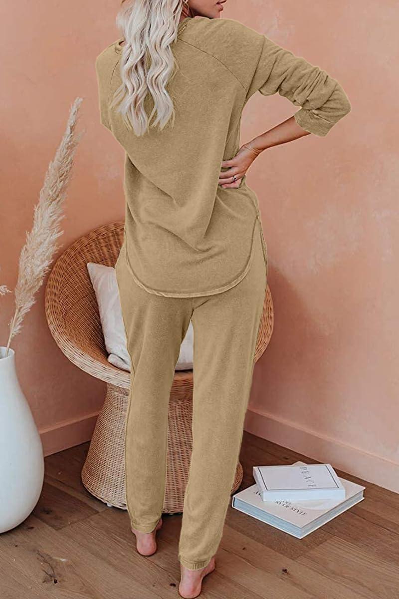 imageAUTOMET Lounge Sets for Women Comfy 2 Piece Pajamas Sets Fall Loungewear Pjs Outfits Sweatsuits with Sweatpants 2025Light Khaki