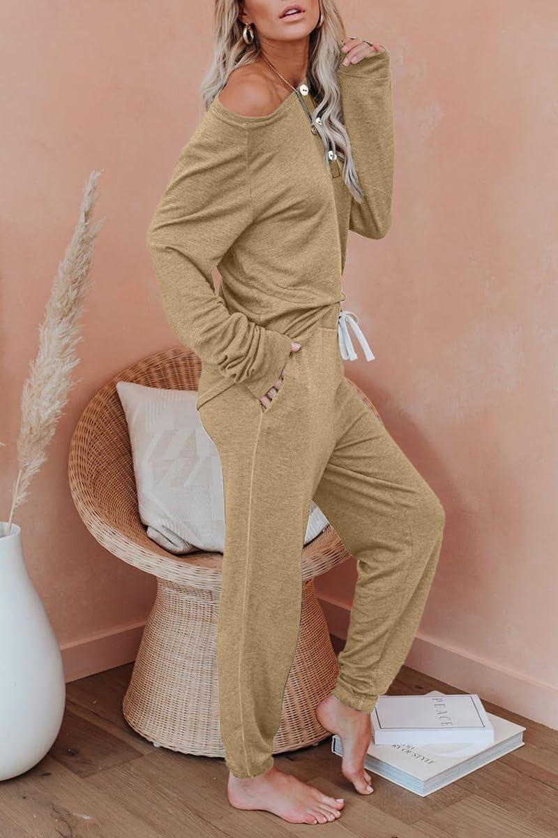 imageAUTOMET Lounge Sets for Women Comfy 2 Piece Pajamas Sets Fall Loungewear Pjs Outfits Sweatsuits with Sweatpants 2025Light Khaki