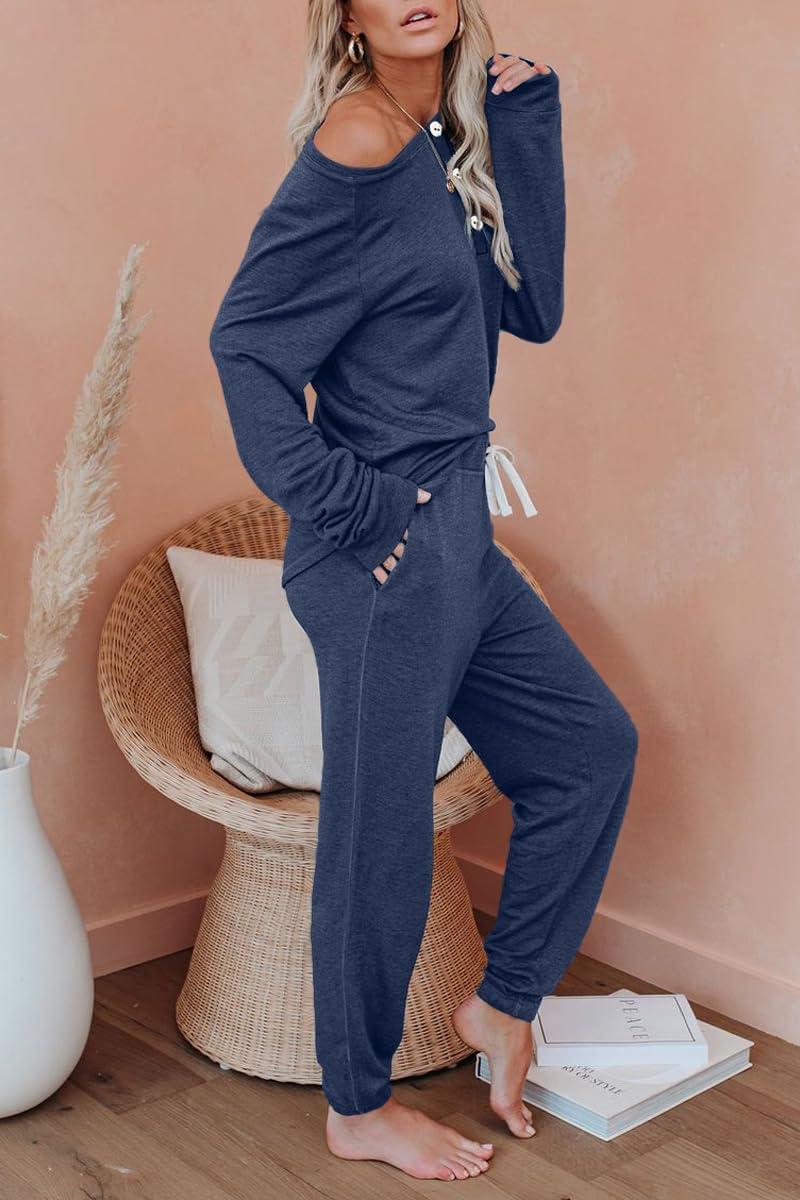 imageAUTOMET Lounge Sets for Women Comfy 2 Piece Pajamas Sets Fall Loungewear Pjs Outfits Sweatsuits with Sweatpants 2025Navy Blue