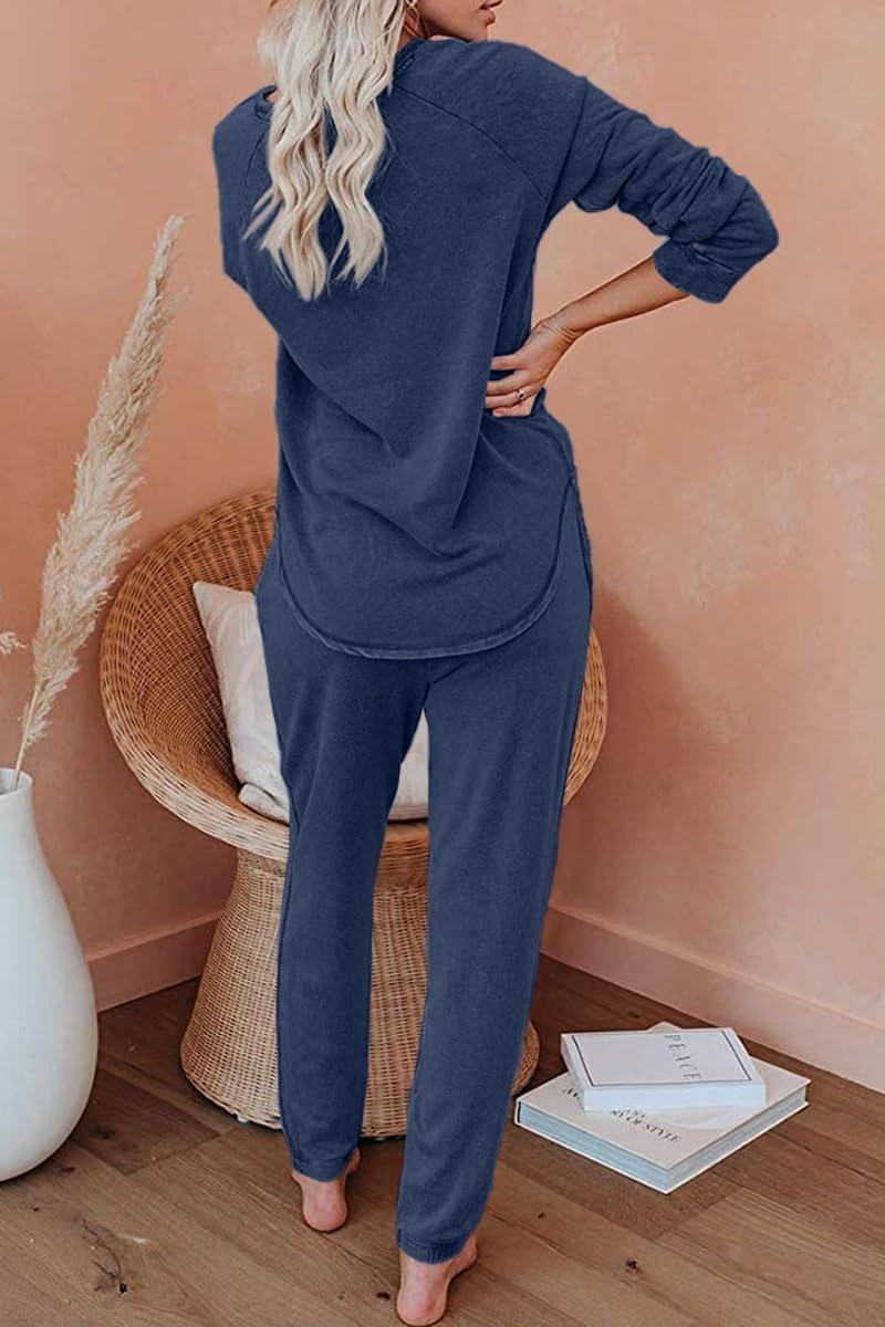imageAUTOMET Lounge Sets for Women Comfy 2 Piece Pajamas Sets Fall Loungewear Pjs Outfits Sweatsuits with Sweatpants 2025Navy Blue