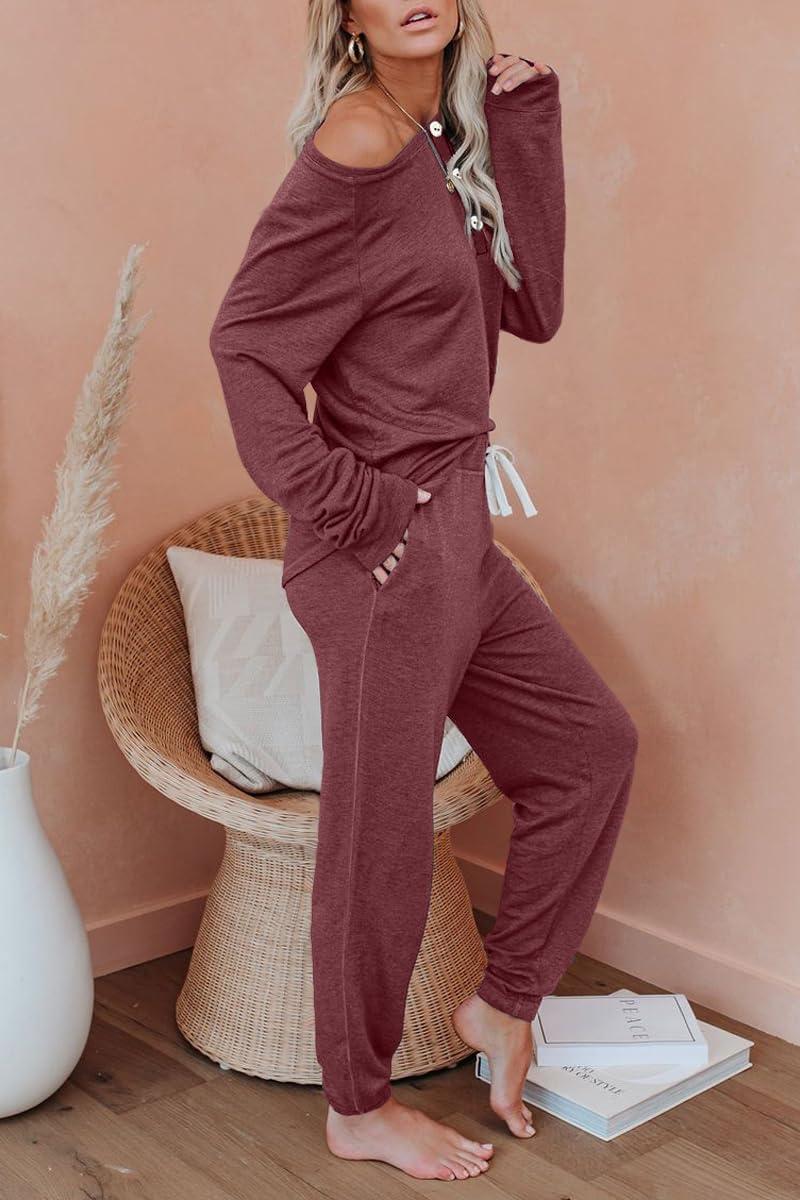 imageAUTOMET Lounge Sets for Women Comfy 2 Piece Pajamas Sets Fall Loungewear Pjs Outfits Sweatsuits with Sweatpants 2025Wine Red