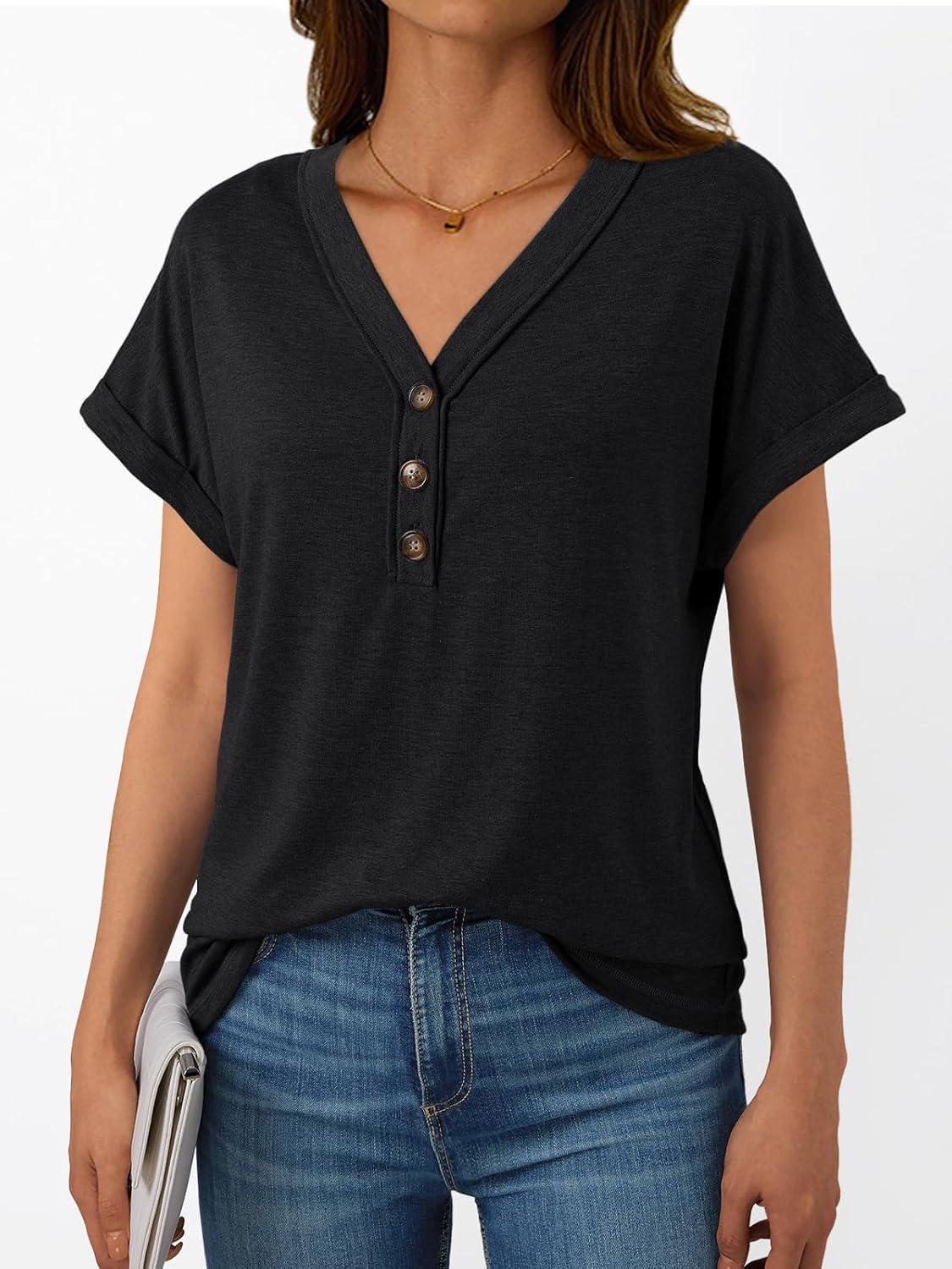 imageAUTOMET Short Sleeve V Neck T Shirts Womens Cap Sleeve Summer Casual Dressy TopsBlack