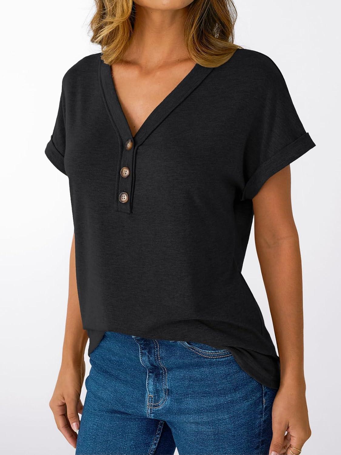 imageAUTOMET Short Sleeve V Neck T Shirts Womens Cap Sleeve Summer Casual Dressy TopsBlack