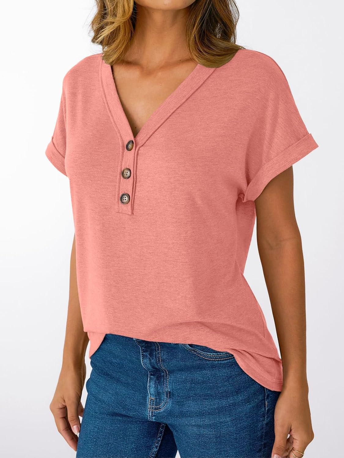 imageAUTOMET Short Sleeve V Neck T Shirts Womens Cap Sleeve Summer Casual Dressy TopsCoral