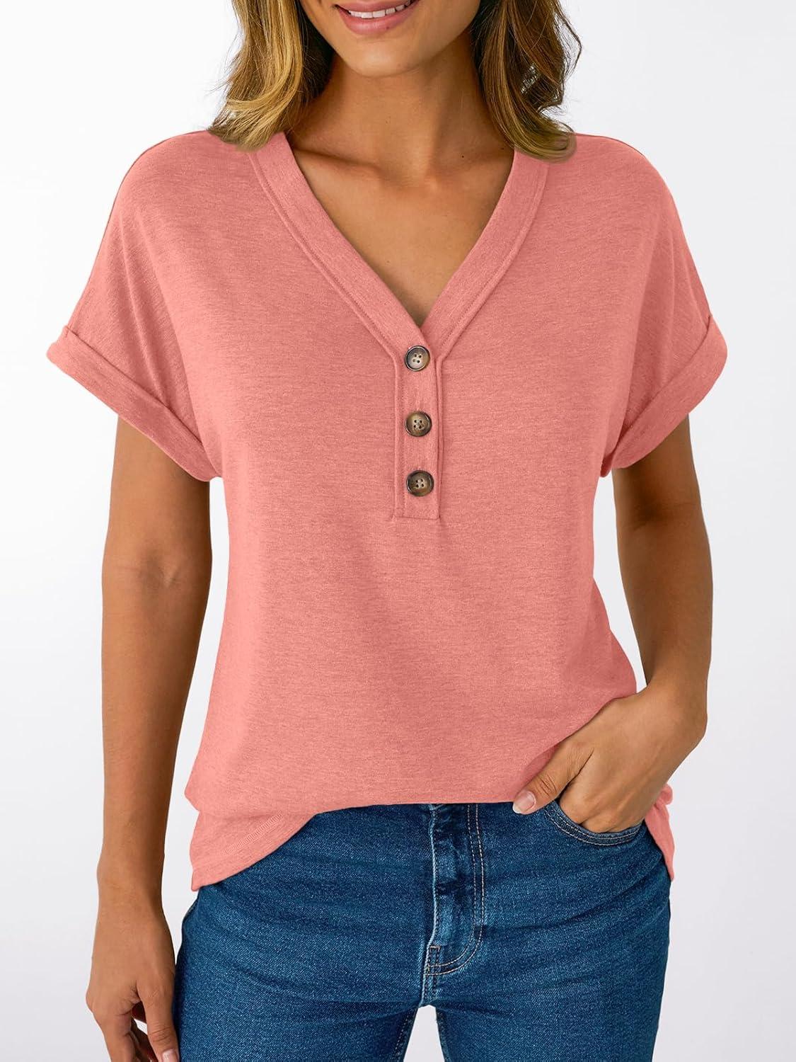 imageAUTOMET Short Sleeve V Neck T Shirts Womens Cap Sleeve Summer Casual Dressy TopsCoral