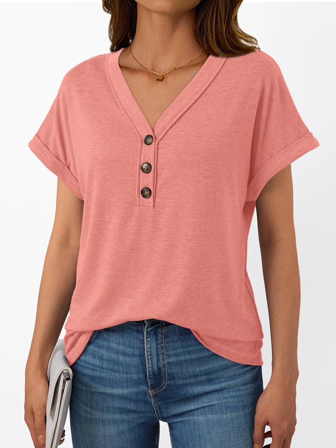 imageAUTOMET Short Sleeve V Neck T Shirts Womens Cap Sleeve Summer Casual Dressy TopsCoral