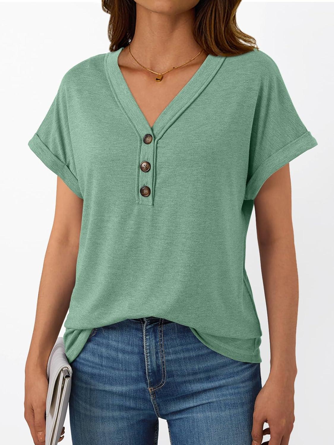 imageAUTOMET Short Sleeve V Neck T Shirts Womens Cap Sleeve Summer Casual Dressy TopsLight Green