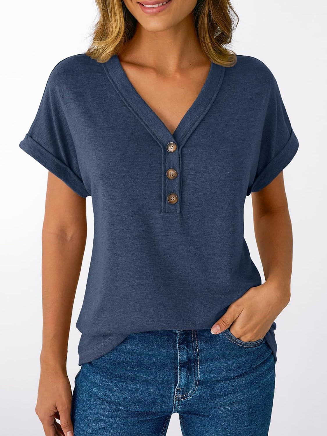 imageAUTOMET Short Sleeve V Neck T Shirts Womens Cap Sleeve Summer Casual Dressy TopsNavy