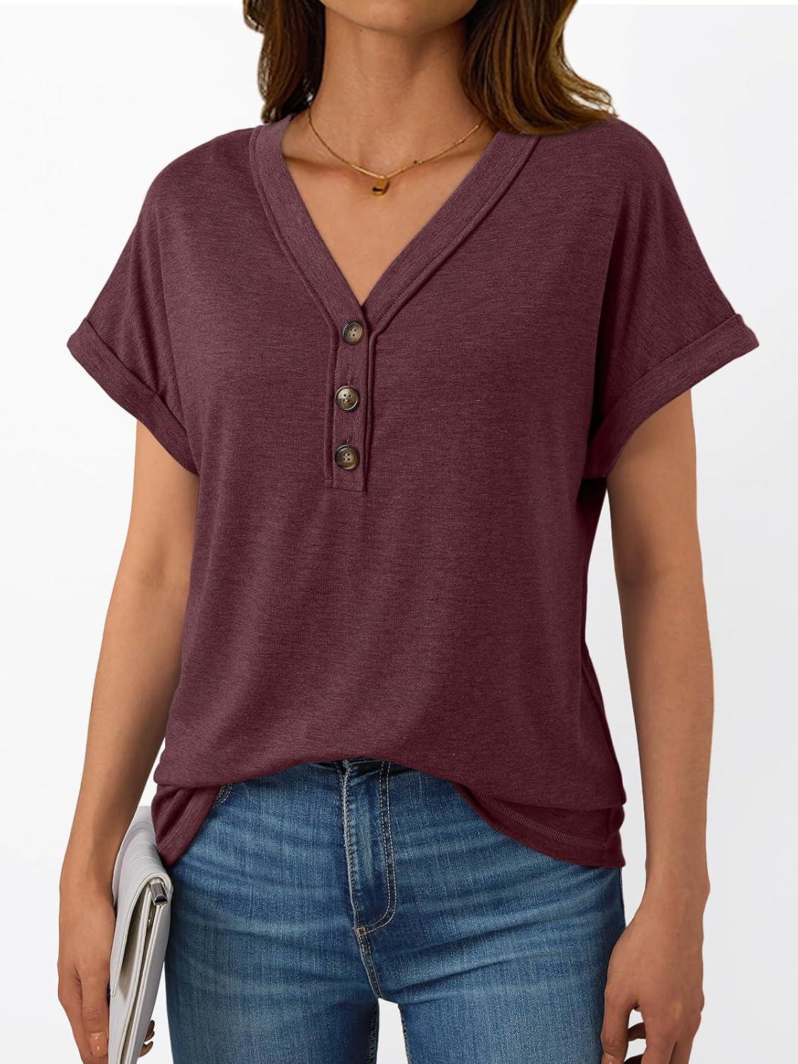 imageAUTOMET Short Sleeve V Neck T Shirts Womens Cap Sleeve Summer Casual Dressy TopsWine