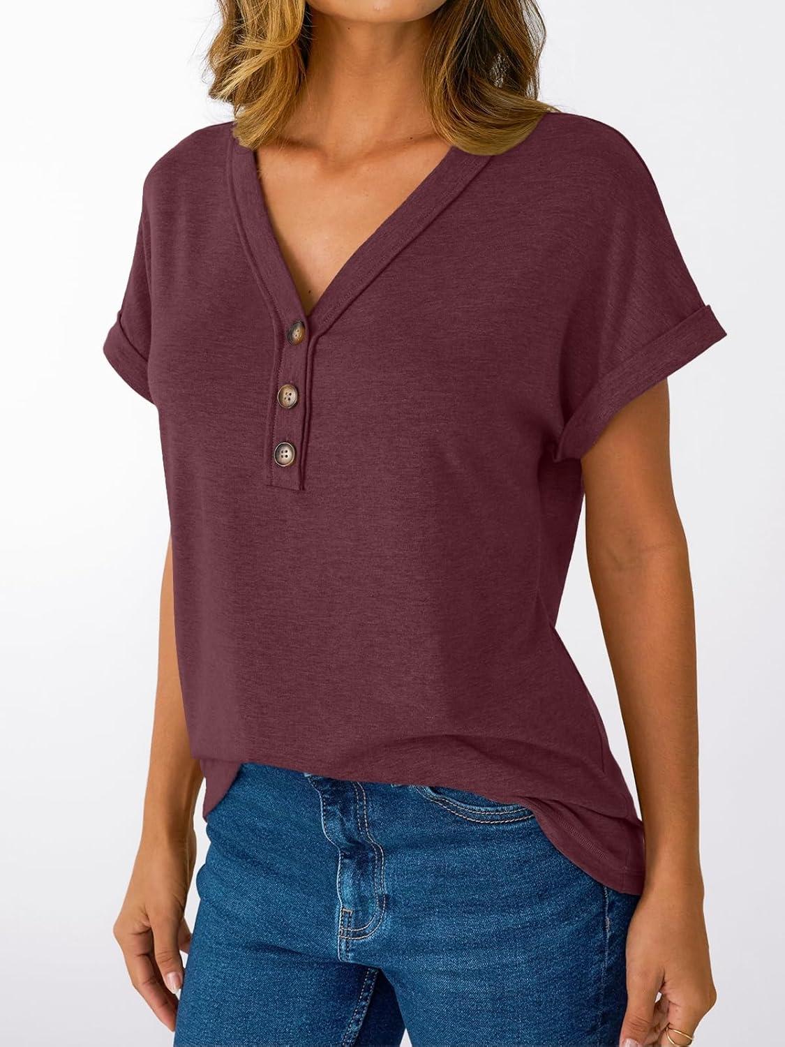 imageAUTOMET Short Sleeve V Neck T Shirts Womens Cap Sleeve Summer Casual Dressy TopsWine