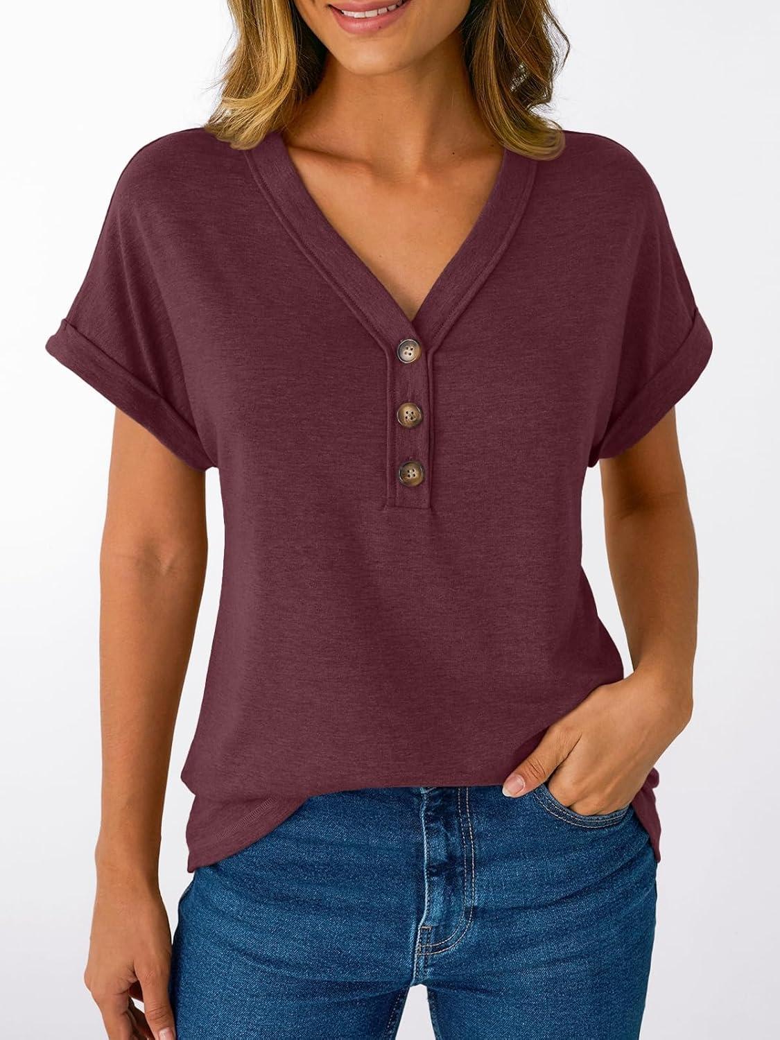 imageAUTOMET Short Sleeve V Neck T Shirts Womens Cap Sleeve Summer Casual Dressy TopsWine