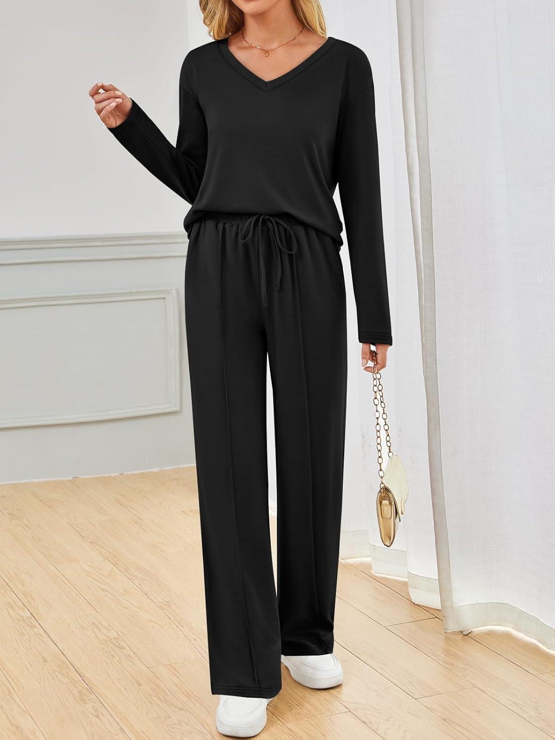 imageAUTOMET Sweatsuits Women 2 Piece Outfit Fashion Travel Lounge Sets With Wide Leg Pants Airport Track Suits Fall Clothes 2025Black