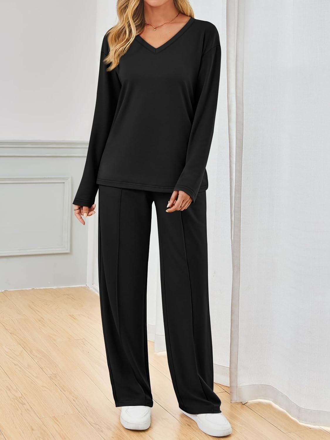 imageAUTOMET Sweatsuits Women 2 Piece Outfit Fashion Travel Lounge Sets With Wide Leg Pants Airport Track Suits Fall Clothes 2025Black