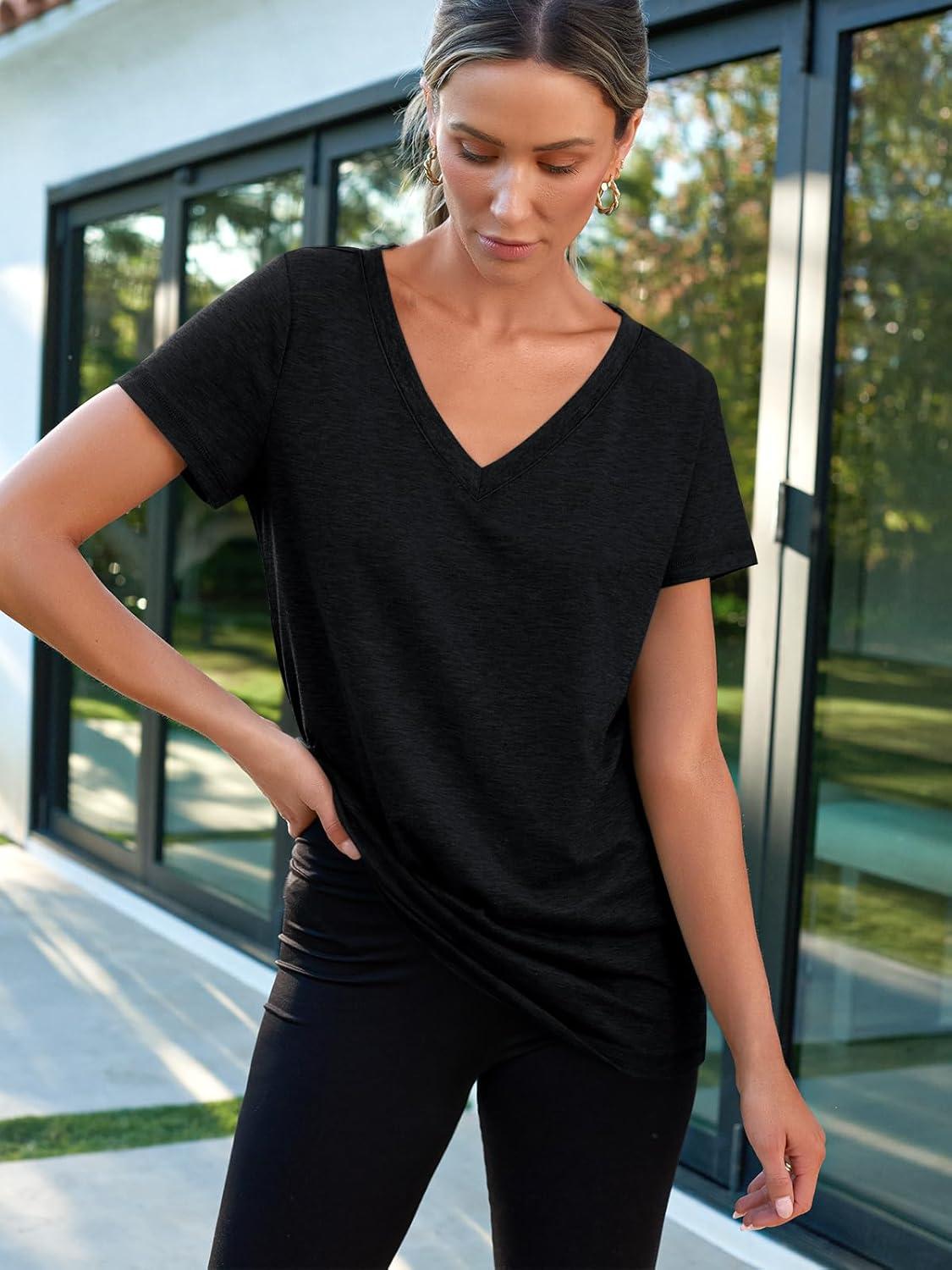 imageAUTOMET TShirts Short Sleeve V Neck Tees Tops for Women Fashion Trendy Lightweight Soft Casual Summer Outfits Clothes 2025Black