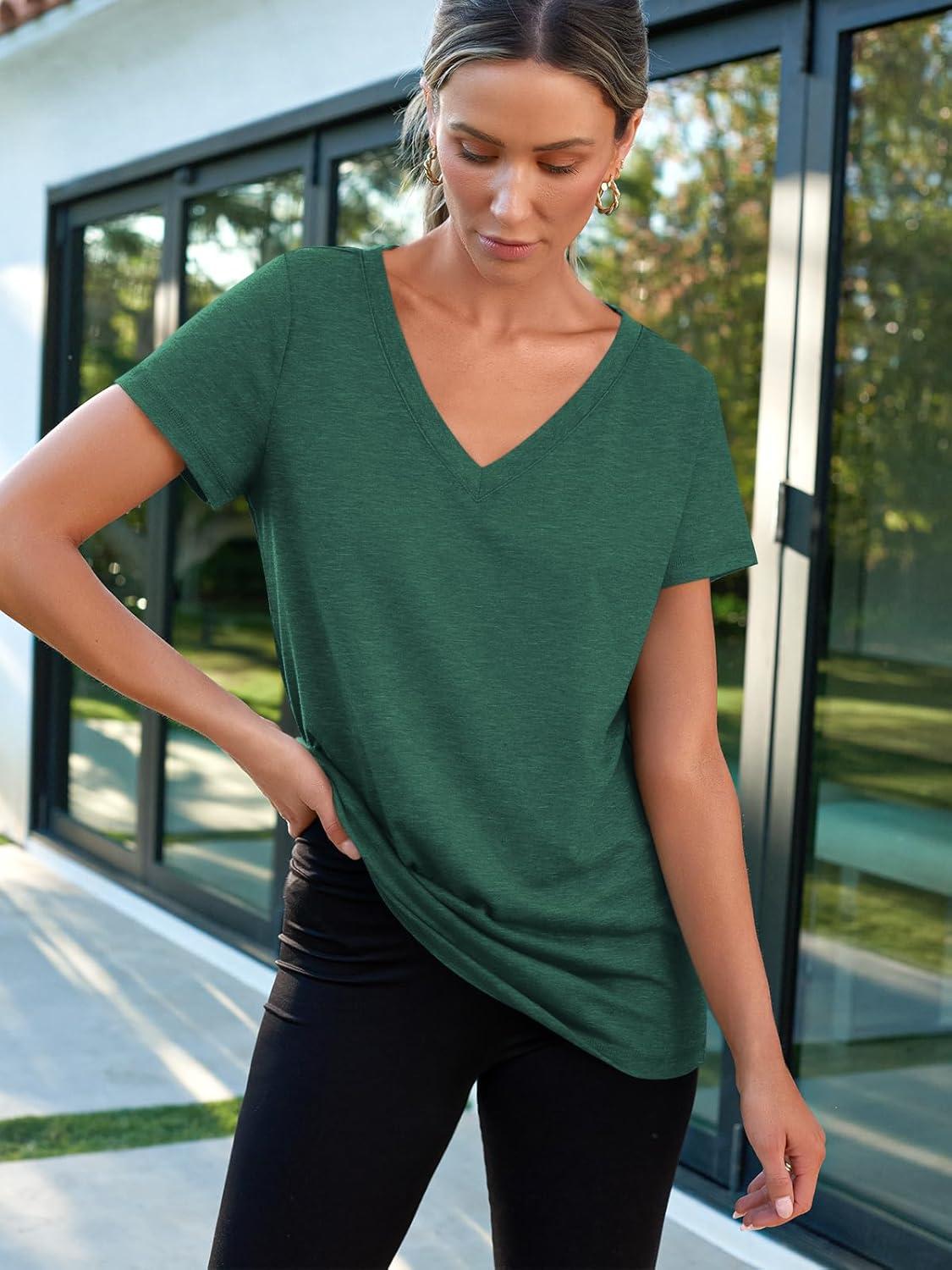 imageAUTOMET TShirts Short Sleeve V Neck Tees Tops for Women Fashion Trendy Lightweight Soft Casual Summer Outfits Clothes 2025Darkgreen