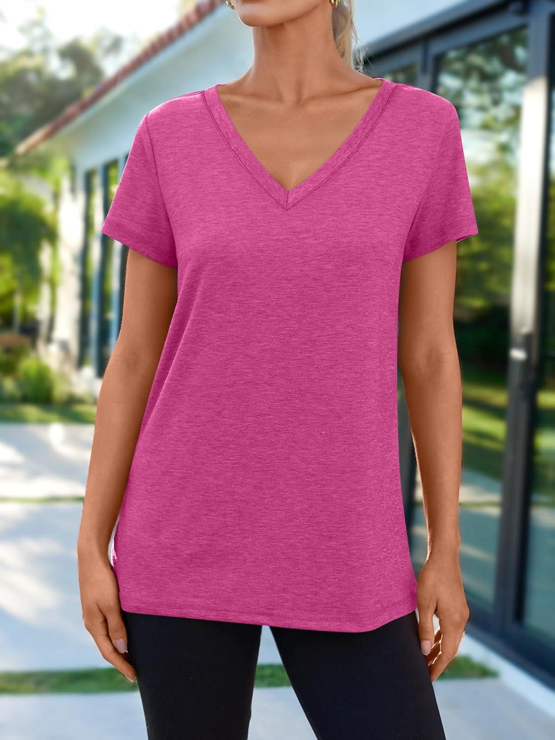 imageAUTOMET TShirts Short Sleeve V Neck Tees Tops for Women Fashion Trendy Lightweight Soft Casual Summer Outfits Clothes 2025Hotpink