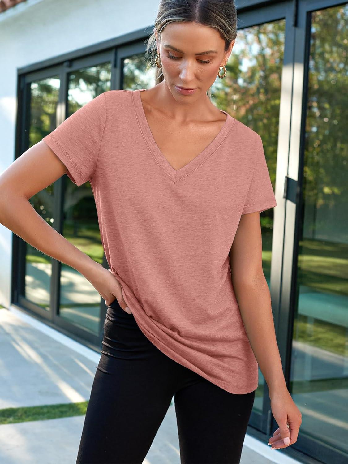 imageAUTOMET TShirts Short Sleeve V Neck Tees Tops for Women Fashion Trendy Lightweight Soft Casual Summer Outfits Clothes 2025Pink