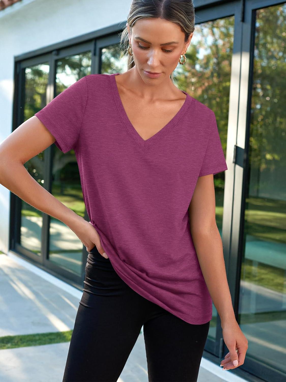 imageAUTOMET TShirts Short Sleeve V Neck Tees Tops for Women Fashion Trendy Lightweight Soft Casual Summer Outfits Clothes 2025Purple