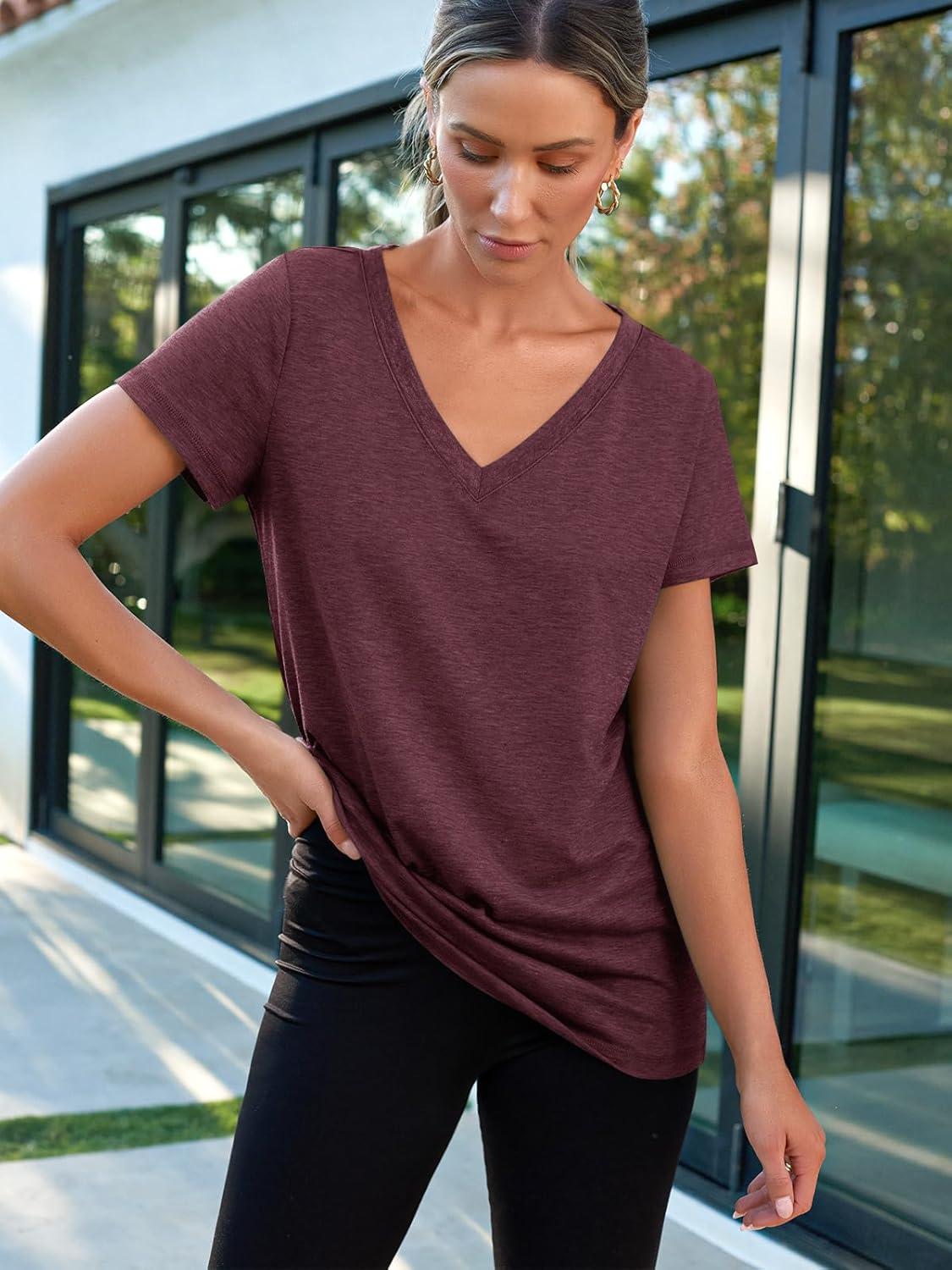 imageAUTOMET TShirts Short Sleeve V Neck Tees Tops for Women Fashion Trendy Lightweight Soft Casual Summer Outfits Clothes 2025Wine Red