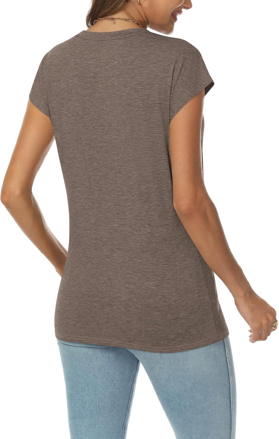 imageAUTOMET V Neck T Shirts for Women Spring Summer Fall Tops Teacher Work Business Dressy Casual Blouses Basic Tees Boho FashionCoffee