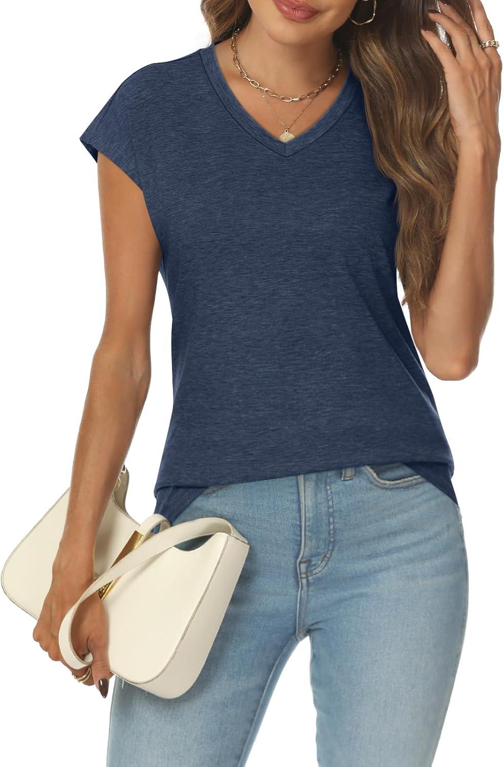 imageAUTOMET V Neck T Shirts for Women Spring Summer Fall Tops Teacher Work Business Dressy Casual Blouses Basic Tees Boho FashionNavy