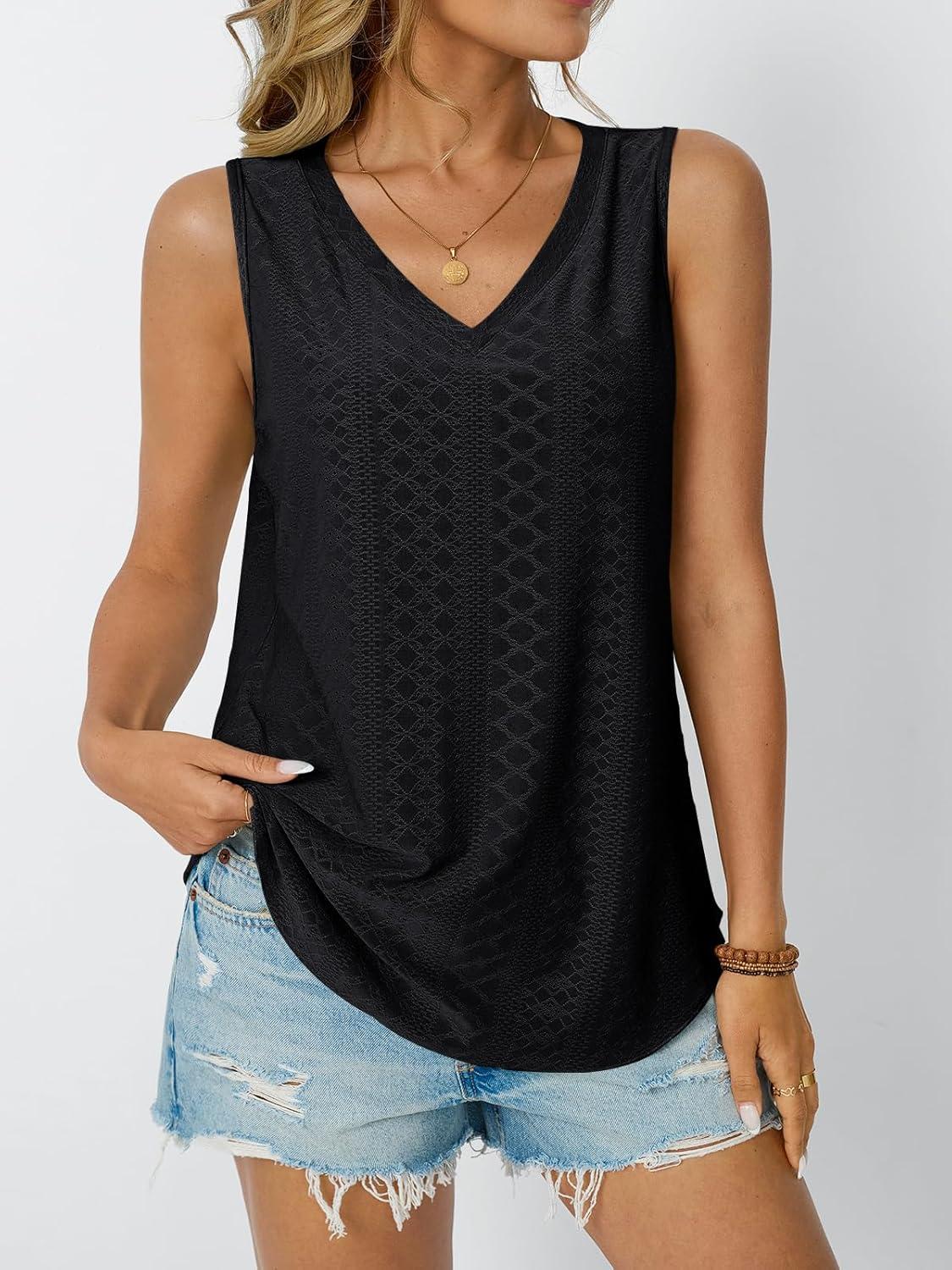 imageAUTOMET Women Summer Tank Top Eyelet Embroidery 2025 Vacation Sleeveless V Neck Loose Fit Shirt Spring Fashion Casual ClothesBlack