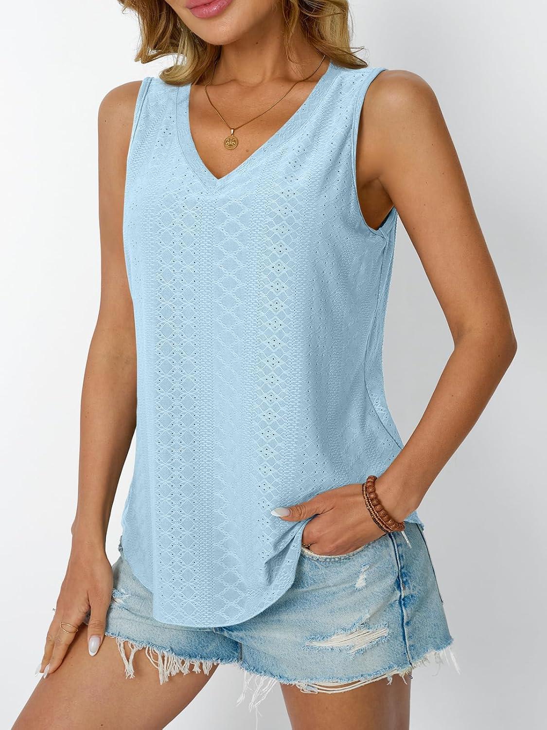 imageAUTOMET Women Summer Tank Top Eyelet Embroidery 2025 Vacation Sleeveless V Neck Loose Fit Shirt Spring Fashion Casual ClothesLightblue