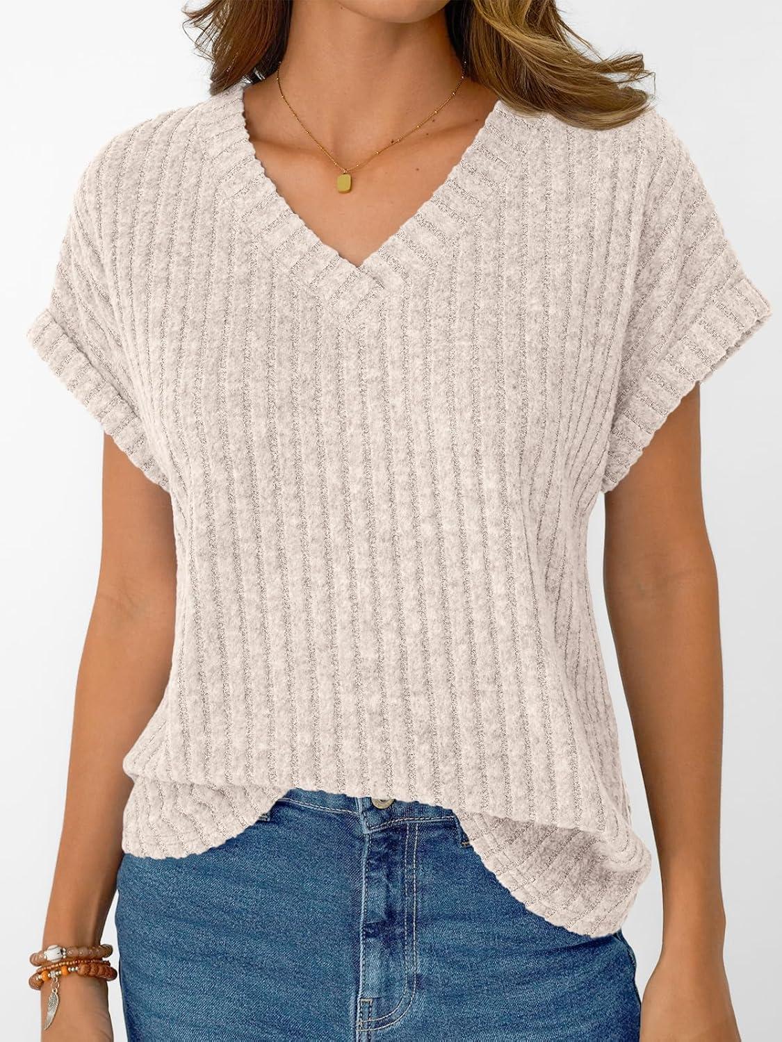 imageAUTOMET Women Tops Summer Sweaters Short Sleeve V Neck Shirts 2025 Spring Fashion Dressy Casual Business Tunic BlousesApricot