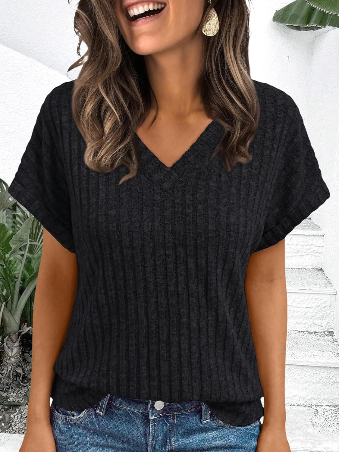 imageAUTOMET Women Tops Summer Sweaters Short Sleeve V Neck Shirts 2025 Spring Fashion Dressy Casual Business Tunic BlousesBlack