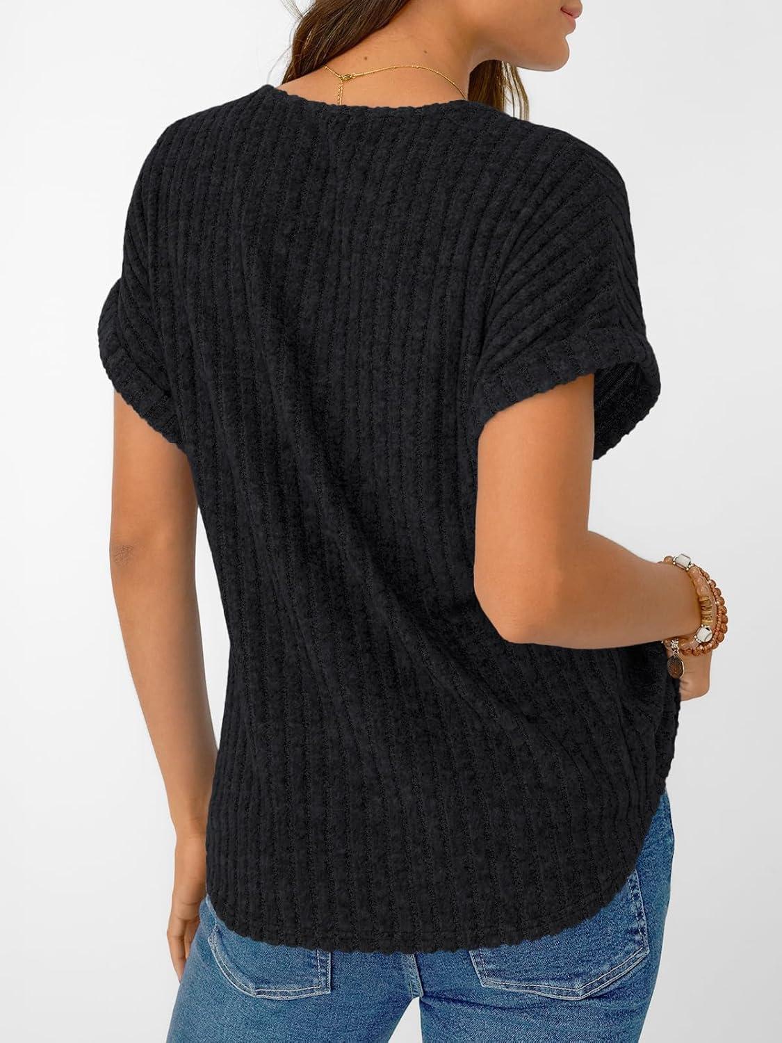 imageAUTOMET Women Tops Summer Sweaters Short Sleeve V Neck Shirts 2025 Spring Fashion Dressy Casual Business Tunic BlousesBlack