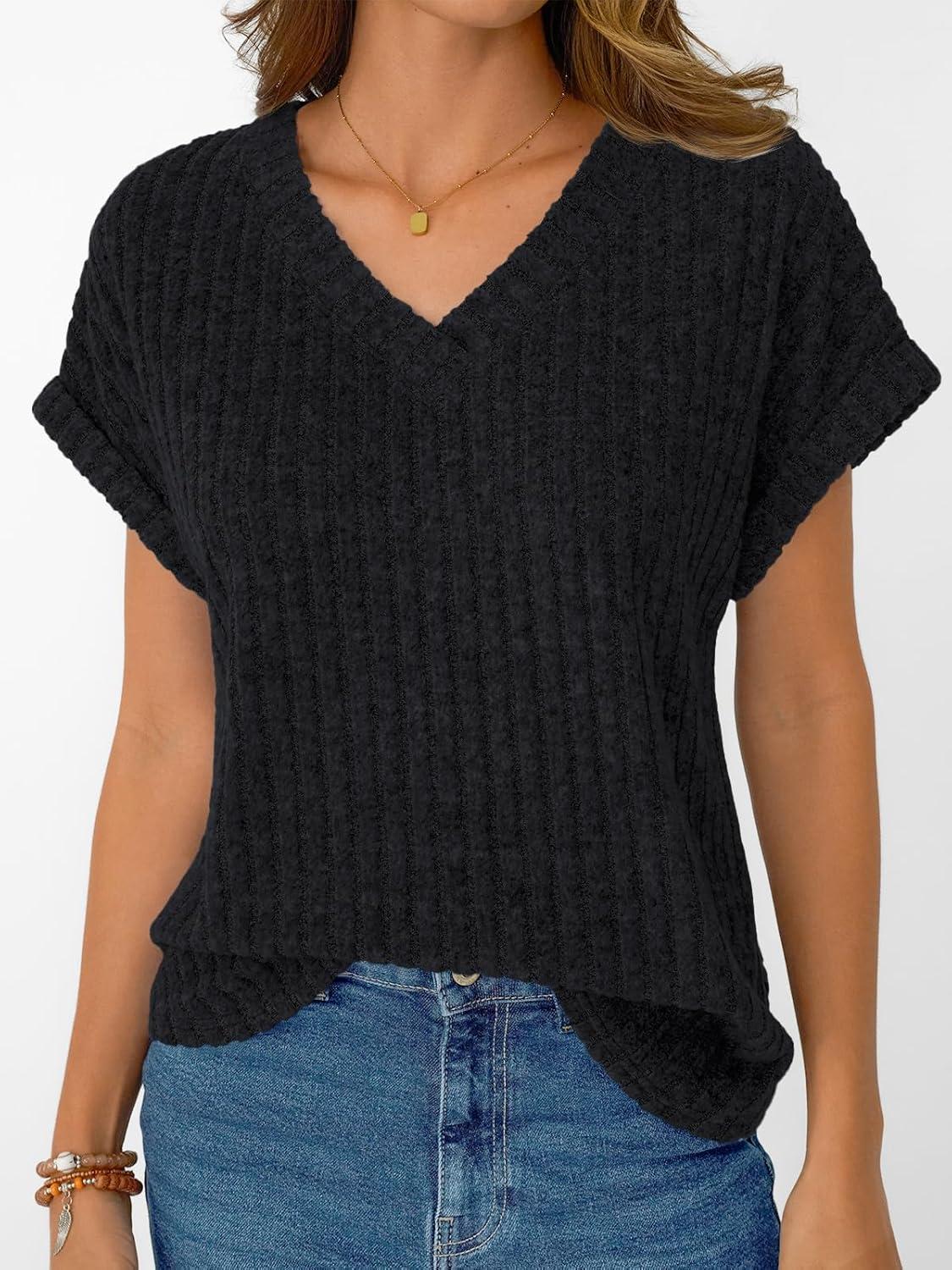 imageAUTOMET Women Tops Summer Sweaters Short Sleeve V Neck Shirts 2025 Spring Fashion Dressy Casual Business Tunic BlousesBlack