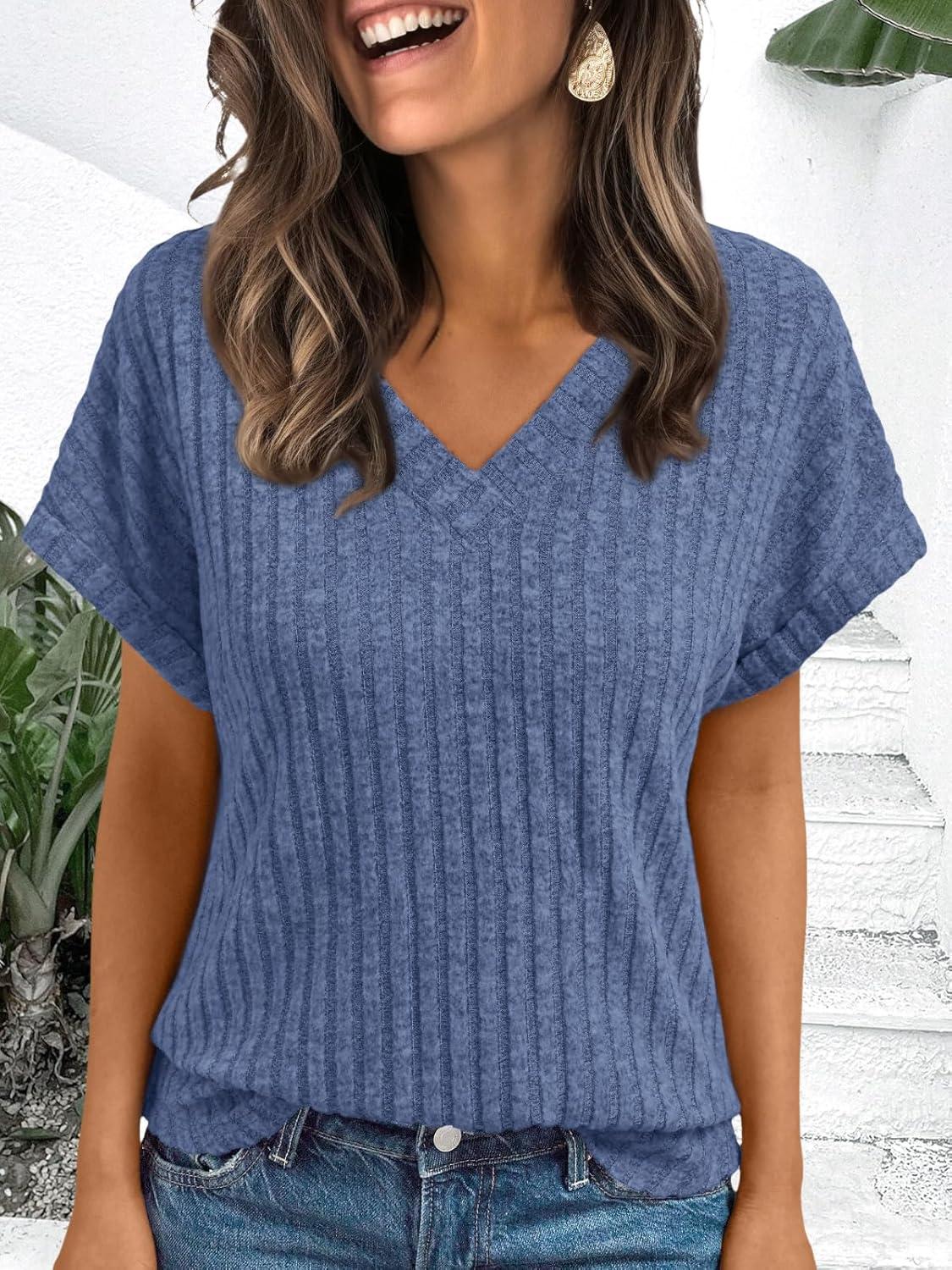 imageAUTOMET Women Tops Summer Sweaters Short Sleeve V Neck Shirts 2025 Spring Fashion Dressy Casual Business Tunic BlousesBlue