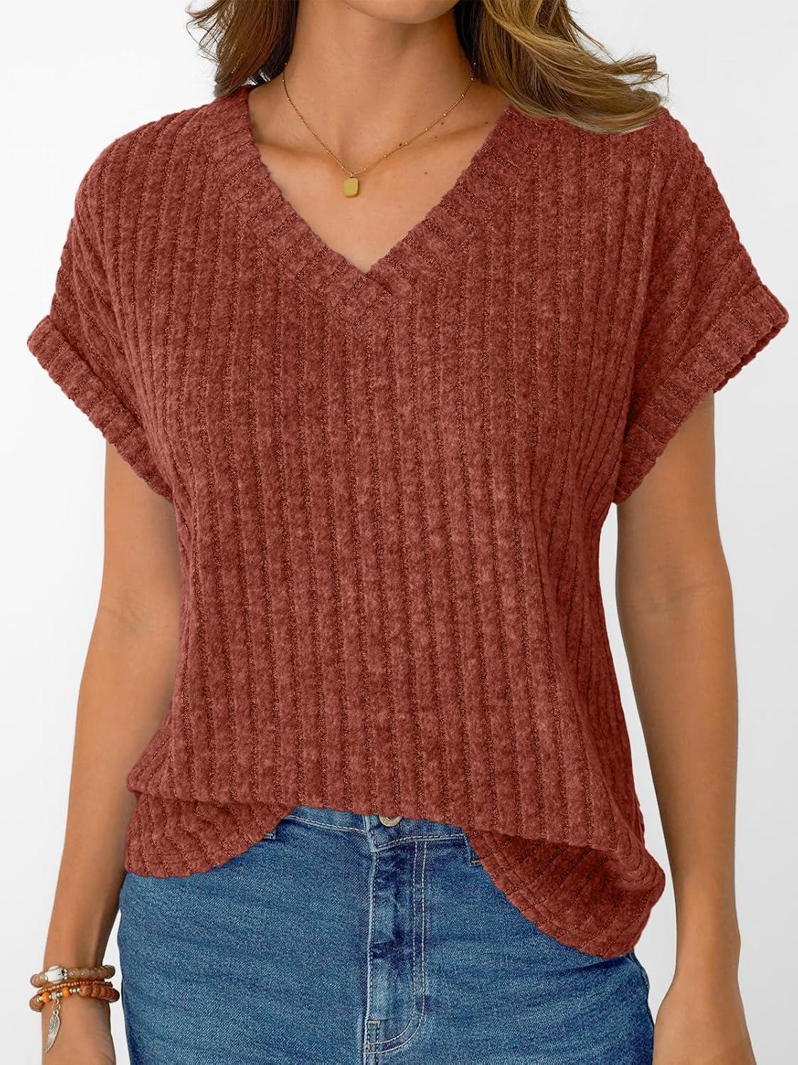 imageAUTOMET Women Tops Summer Sweaters Short Sleeve V Neck Shirts 2025 Spring Fashion Dressy Casual Business Tunic BlousesBrown