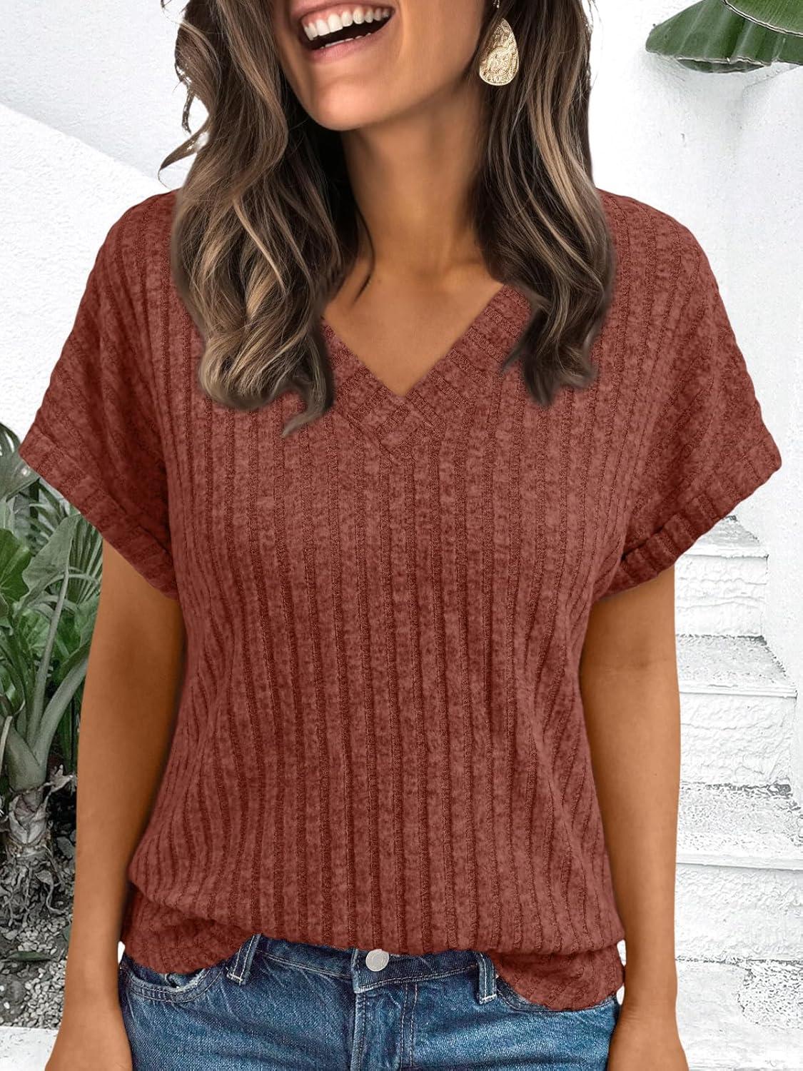 imageAUTOMET Women Tops Summer Sweaters Short Sleeve V Neck Shirts 2025 Spring Fashion Dressy Casual Business Tunic BlousesBrown