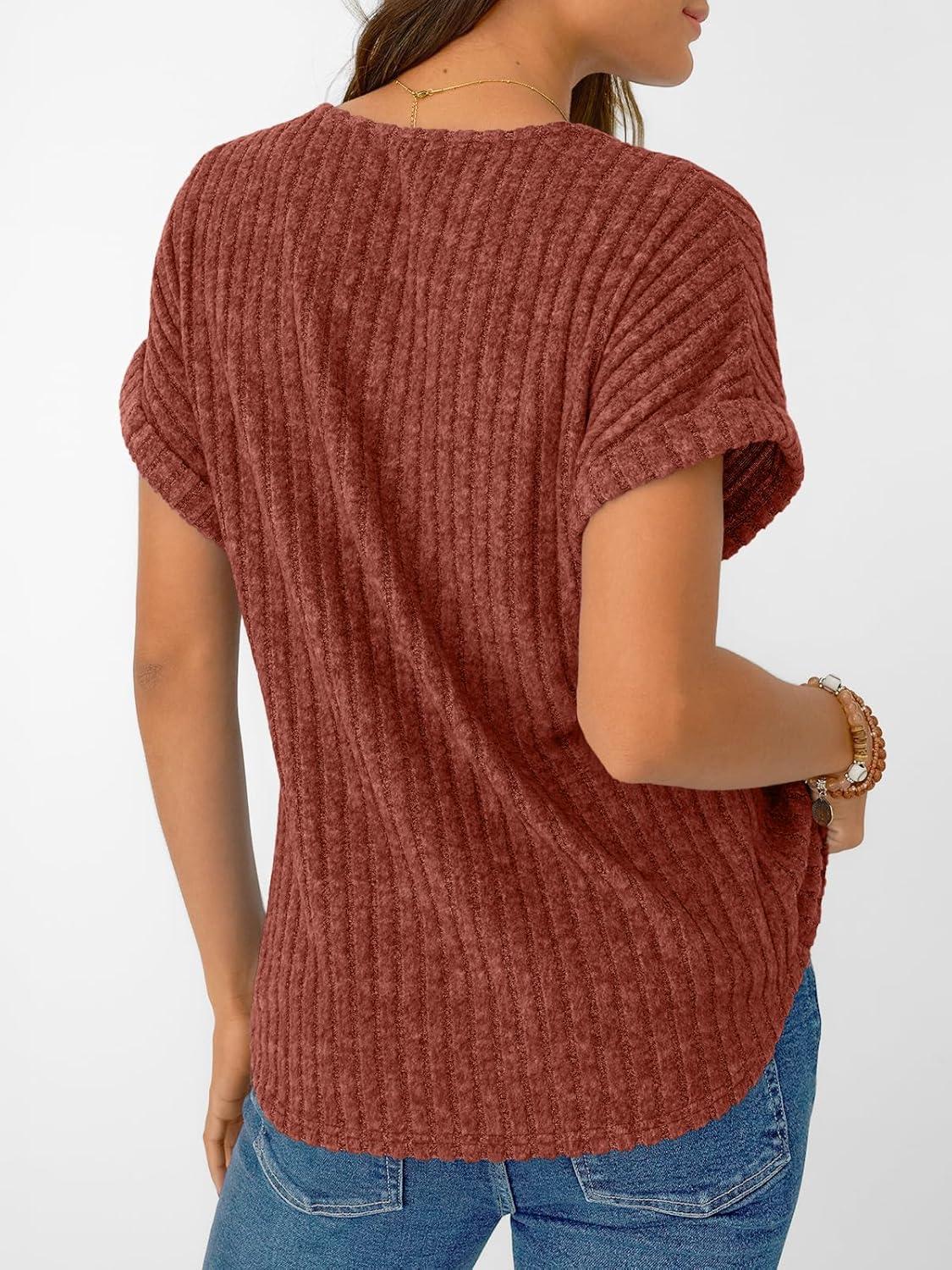 imageAUTOMET Women Tops Summer Sweaters Short Sleeve V Neck Shirts 2025 Spring Fashion Dressy Casual Business Tunic BlousesBrown