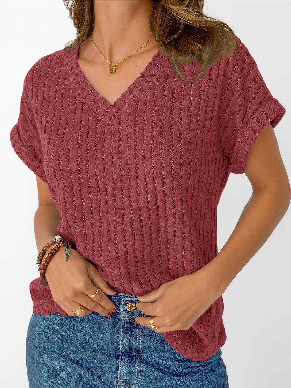 imageAUTOMET Women Tops Summer Sweaters Short Sleeve V Neck Shirts 2025 Spring Fashion Dressy Casual Business Tunic BlousesBurgundy