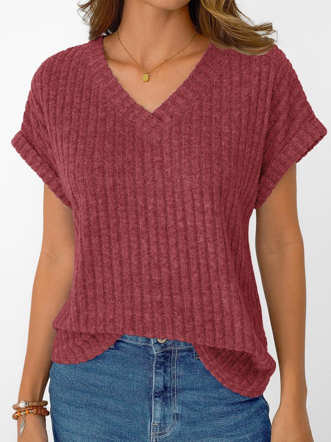 imageAUTOMET Women Tops Summer Sweaters Short Sleeve V Neck Shirts 2025 Spring Fashion Dressy Casual Business Tunic BlousesBurgundy