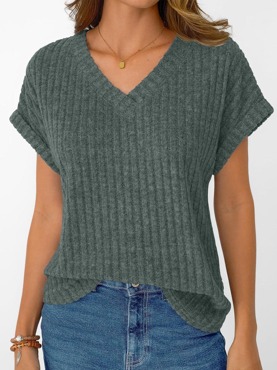 imageAUTOMET Women Tops Summer Sweaters Short Sleeve V Neck Shirts 2025 Spring Fashion Dressy Casual Business Tunic BlousesGreen