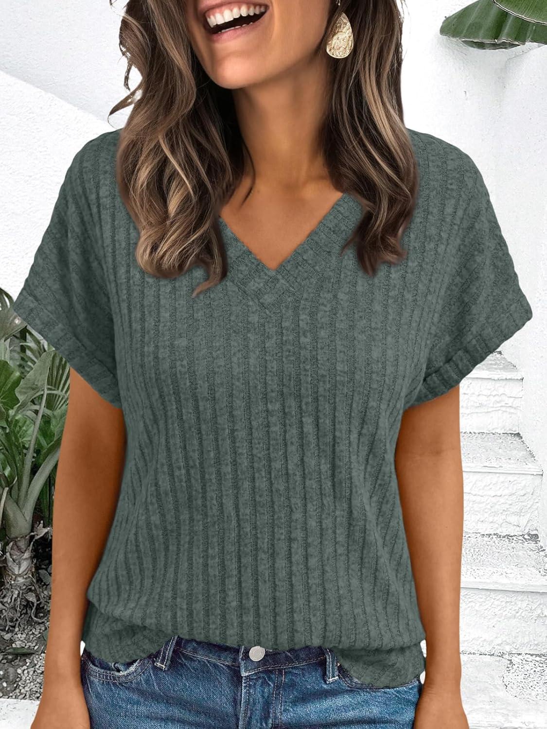 imageAUTOMET Women Tops Summer Sweaters Short Sleeve V Neck Shirts 2025 Spring Fashion Dressy Casual Business Tunic BlousesGreen
