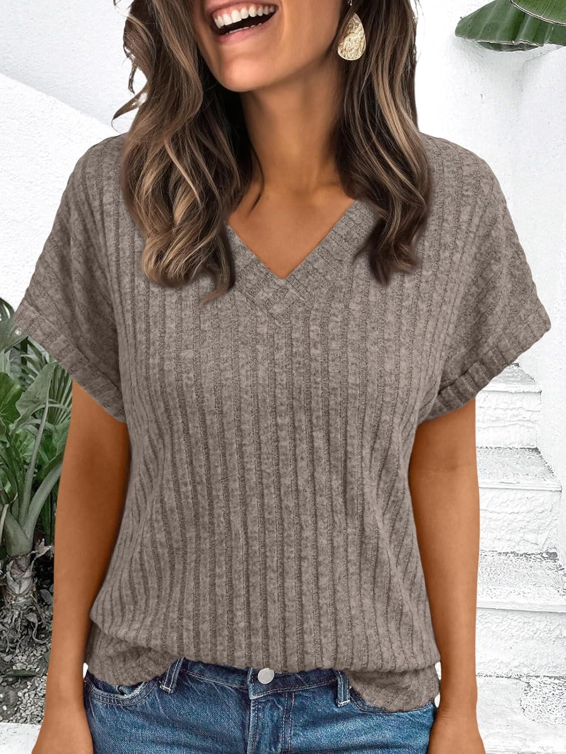imageAUTOMET Women Tops Summer Sweaters Short Sleeve V Neck Shirts 2025 Spring Fashion Dressy Casual Business Tunic BlousesGrey
