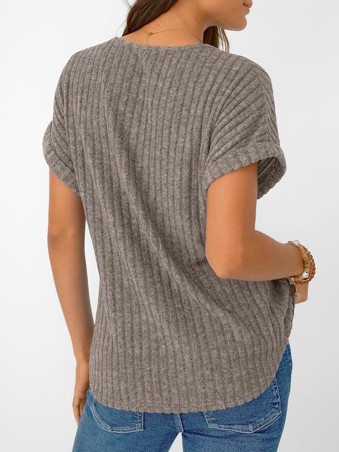 imageAUTOMET Women Tops Summer Sweaters Short Sleeve V Neck Shirts 2025 Spring Fashion Dressy Casual Business Tunic BlousesGrey