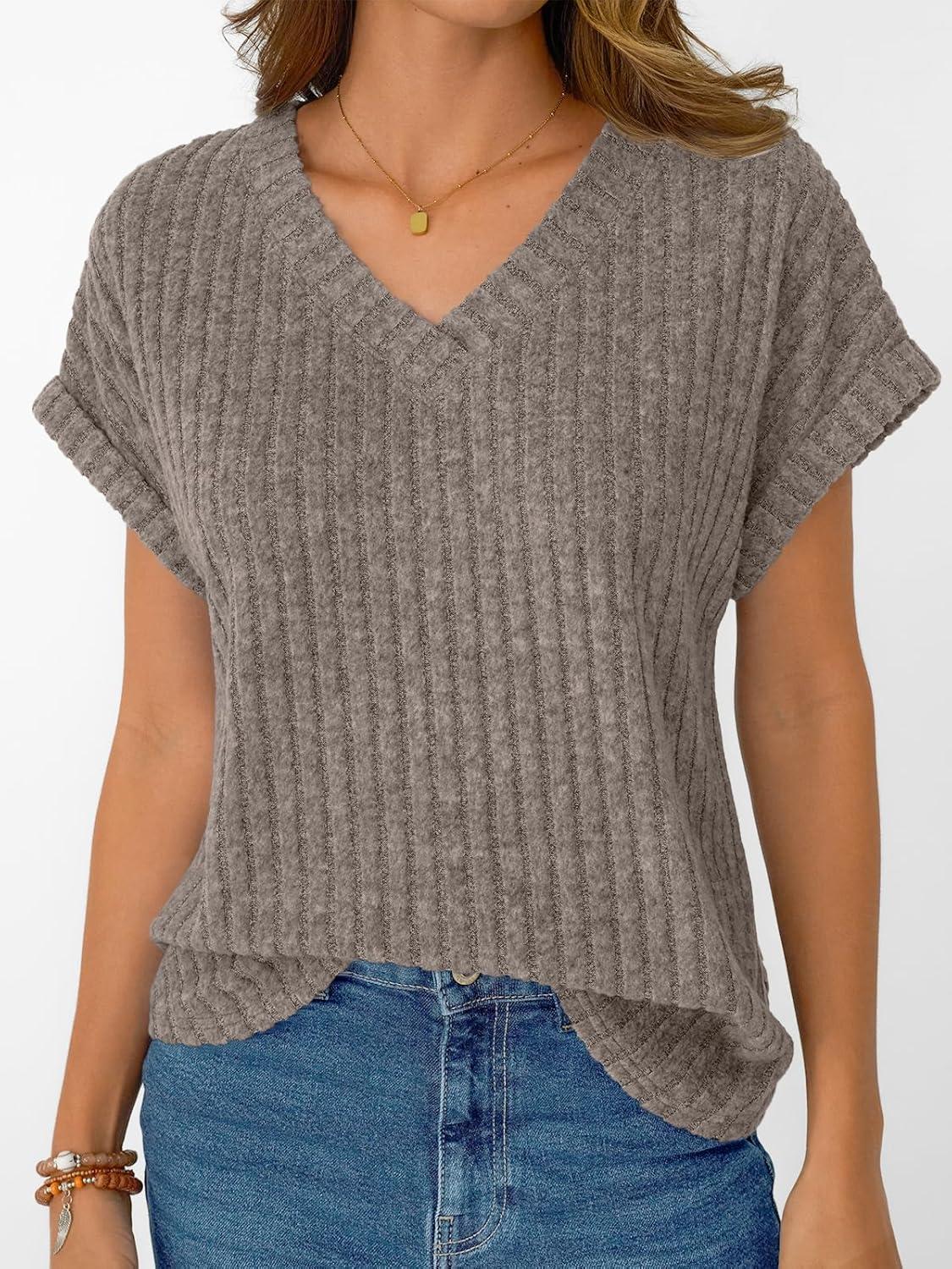 imageAUTOMET Women Tops Summer Sweaters Short Sleeve V Neck Shirts 2025 Spring Fashion Dressy Casual Business Tunic BlousesGrey