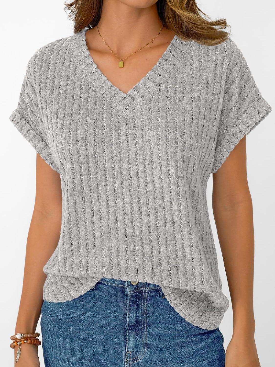 imageAUTOMET Women Tops Summer Sweaters Short Sleeve V Neck Shirts 2025 Spring Fashion Dressy Casual Business Tunic BlousesLightgrey