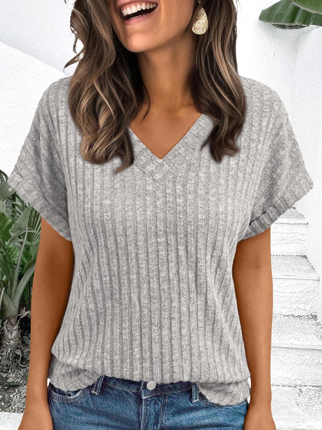 imageAUTOMET Women Tops Summer Sweaters Short Sleeve V Neck Shirts 2025 Spring Fashion Dressy Casual Business Tunic BlousesLightgrey