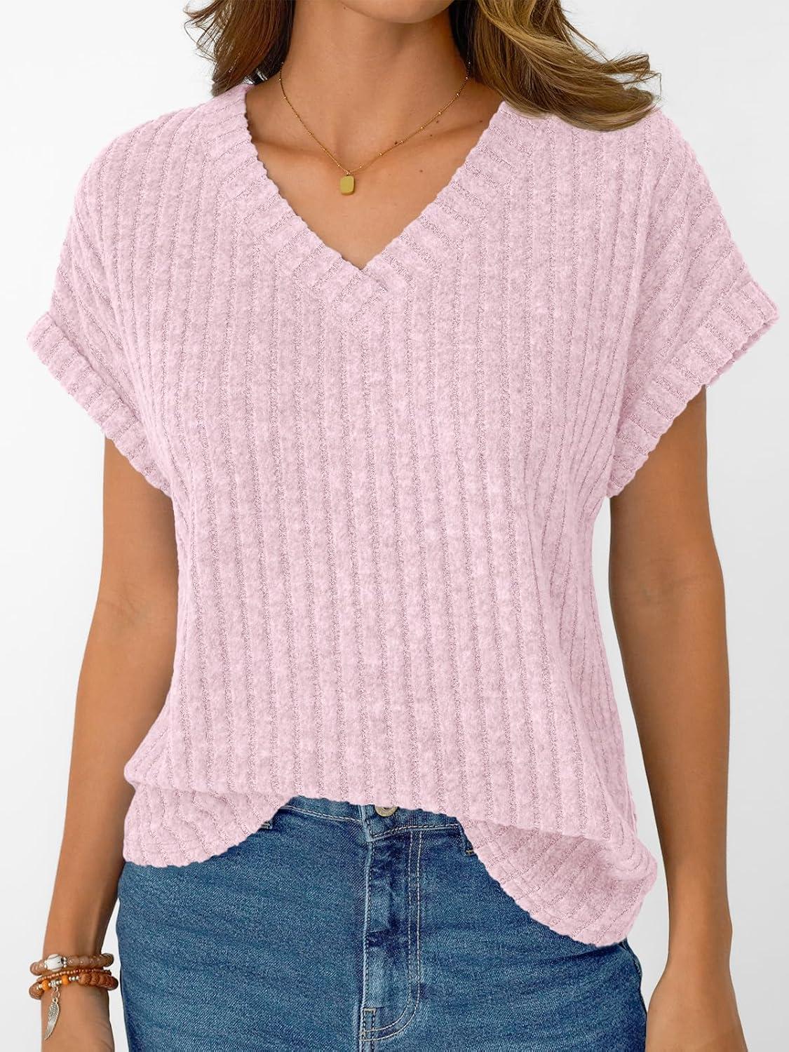 imageAUTOMET Women Tops Summer Sweaters Short Sleeve V Neck Shirts 2025 Spring Fashion Dressy Casual Business Tunic BlousesPink
